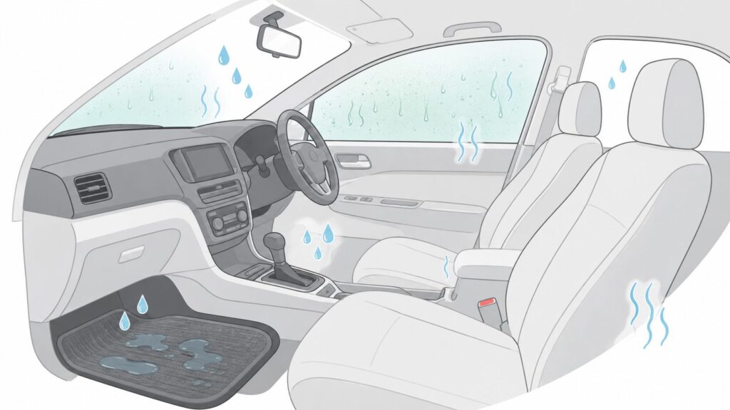 車内に湿気がこもるとサビにつながる可能性がある