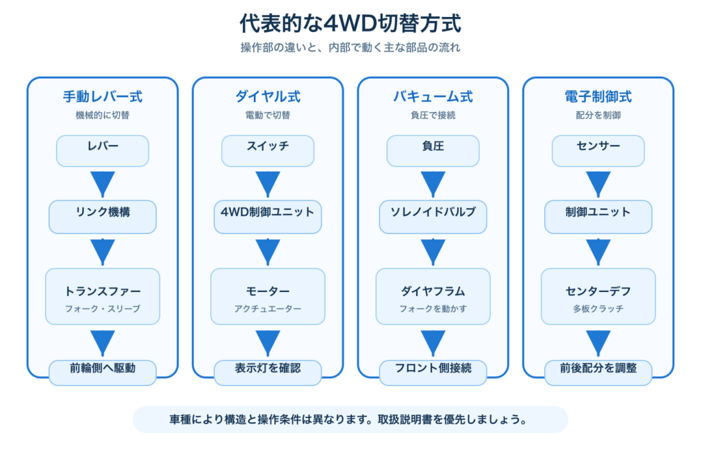 代表的な4WD切替方式の構造