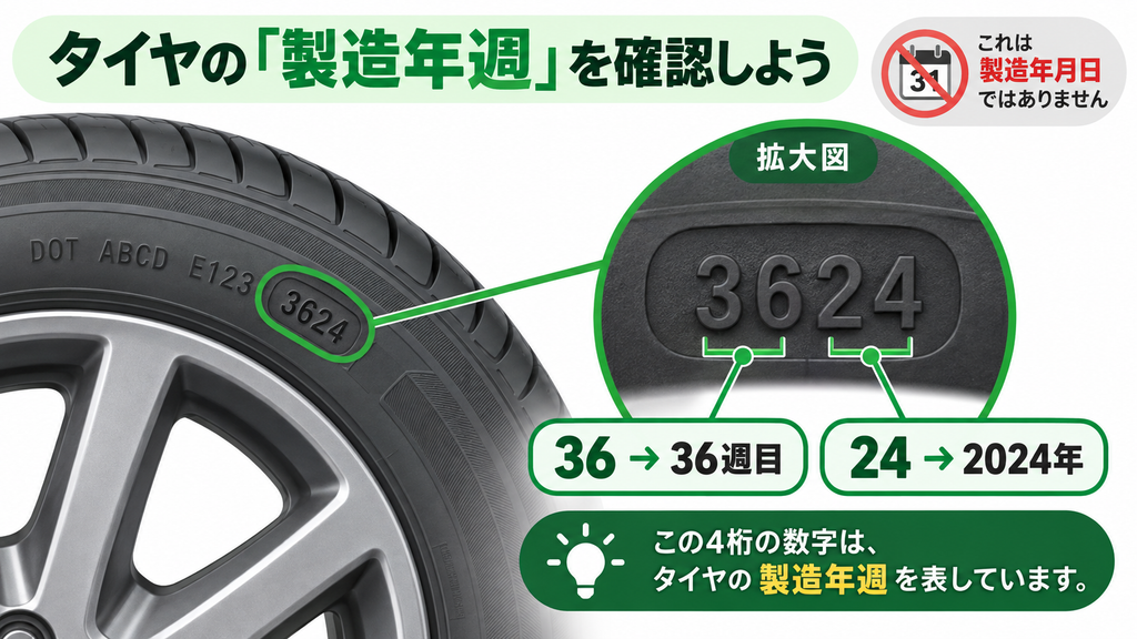 タイヤの製造年週は側面の刻印で確認できる